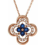 14K Rose Natural Blue Sapphire & 1/10 CTW Natural Diamond Clover 18" Necklace