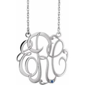 14K White 30 mm 3-Initials Imitation Blue Sapphire Script Monogram 18" Necklace