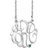 14K White 30 mm 3-Initials Imitation Emerald Script Monogram 18" Necklace