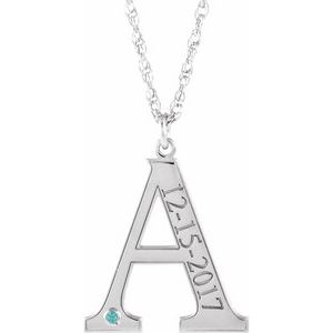 14K White Engravable Imitation Blue Zircon Initial A 18" Necklace