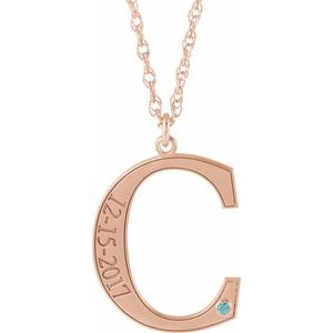 14K Rose Engravable Imitation Blue Zircon Initial C 18" Necklace