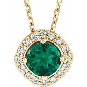 14K Yellow Lab-Grown Emerald & .08 CTW Natural Diamond 18" Necklace