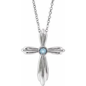 Sterling Silver Natural Aquamarine Cross 16-18" Necklace
