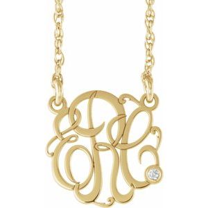 14K Yellow 20 mm 3 Initials .02 CT Natural Diamond Script Monogram 18" Necklace