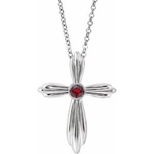 14K White Natural Mozambique Garnet Cross 16-18" Necklace