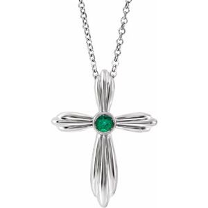 Platinum Natural Emerald Cross 16-18" Necklace