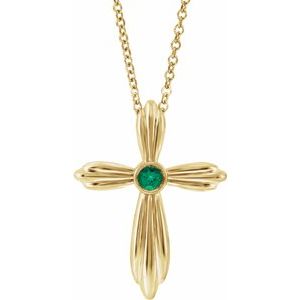 14K Yellow Natural Emerald Cross 16-18" Necklace