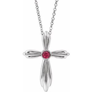 14K White Natural Ruby Cross 16-18" Necklace