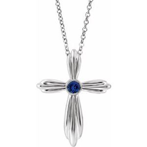 14K White Natural Blue Sapphire Cross 16-18" Necklace