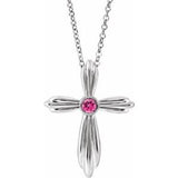 Sterling Silver Natural Pink Tourmaline Cross 16-18" Necklace