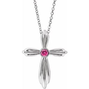 Sterling Silver Natural Pink Tourmaline Cross 16-18" Necklace