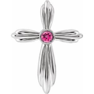 14K White Natural Pink Tourmaline Cross Pendant