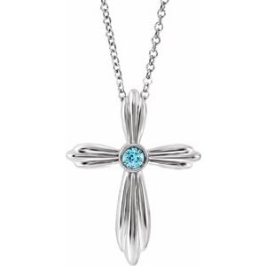14K White Natural Blue Zircon Cross 16-18" Necklace