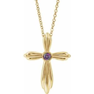 14K Yellow Lab-Grown Alexandrite Cross 16-18" Necklace