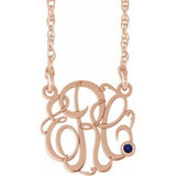 14K Rose Gold-Plated Sterling Silver 30 mm 3-Initials Imitation Blue Sapphire Script Monogram 18" Necklace