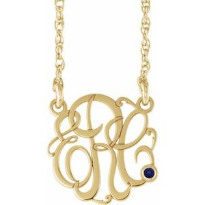 14K Yellow Gold-Plated Sterling Silver 20 mm 3-Initials Imitation Blue Sapphire Script Monogram 18" Necklace