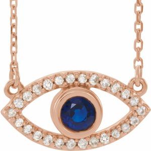 14K Rose Natural Blue Sapphire & Natural White Sapphire Evil Eye 18" Necklace