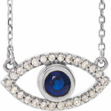14K White Natural Blue Sapphire & Natural White Sapphire Evil Eye 16" Necklace