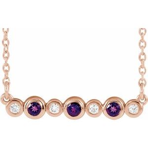 14K Rose Natural Amethyst & .08 CTW Natural Diamond Bezel Set 16-18" Necklace