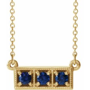 14K Yellow Lab-Grown Blue Sapphire Three-Stone Bar 16-18" Necklace