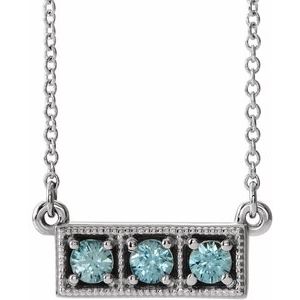14K White Natural Blue Zircon Three-Stone Bar 16-18" Necklace