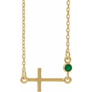 14K Yellow Lab-Grown Emerald Sideways Cross 16-18" Necklace