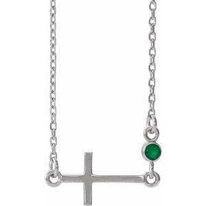 14K White Lab-Grown Emerald Sideways Cross 16-18" Necklace