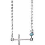 14K White Natural Aquamarine Sideways Cross 16-18" Necklace