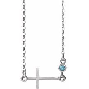 14K White Natural Aquamarine Sideways Cross 16-18" Necklace