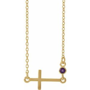 14K Yellow Natural Amethyst Sideways Cross 16-18" Necklace