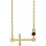 14K Yellow Natural Mozambique Garnet Sideways Cross 16-18" Necklace