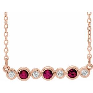 14K Rose Natural Ruby & .08 CTW Natural Diamond Bezel Set 16-18" Necklace