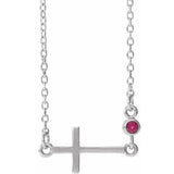 14K White Lab-Grown Ruby Sideways Cross 16-18" Necklace