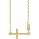 14K Yellow Natural Blue Zircon Sideways Cross 16-18" Necklace