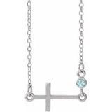 14K White Natural Blue Zircon Sideways Cross 16-18" Necklace