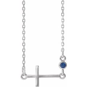Sterling Silver Lab-Grown Blue Sapphire Sideways Cross 16-18" Necklace