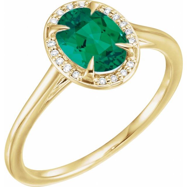 14K Yellow 8x6 mm Lab-Grown Emerald & .04 CTW Natural Diamond Ring