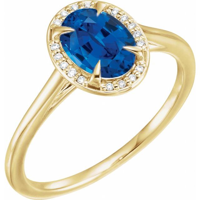 14K Yellow 8x6 mm Lab-Grown Blue Sapphire & .04 CTW Natural Diamond Ring