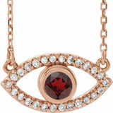 14K Rose Natural Mozambique Garnet & Natural White Sapphire Evil Eye 16" Necklace