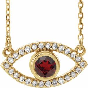 14K Yellow Natural Mozambique Garnet & Natural White Sapphire Evil Eye 16" Necklace