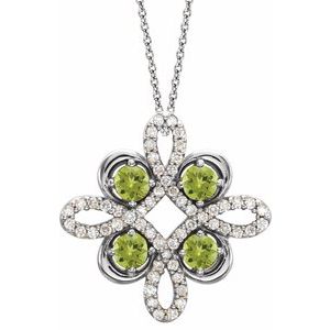 14K White Natural Peridot & 1/6 CTW Natural Diamond Clover 18" Necklace