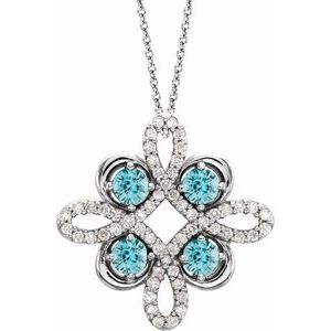 14K White Natural Blue Zircon & 1/8 CTW Natural Diamond Clover 18" Necklace