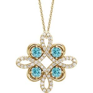 14K Yellow Natural Blue Zircon & 1/8 CTW Natural Diamond Clover 18" Necklace