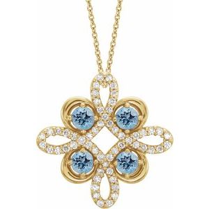 14K Yellow Natural Aquamarine & 1/6 CTW Natural Diamond Clover 18" Necklace