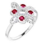 14K White Natural Ruby & 1/8 CTW Natural Diamond Semi-Set Clover Ring