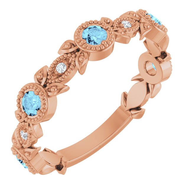 14K Rose Natural Aquamarine & .03 CTW Natural Diamond Leaf Ring