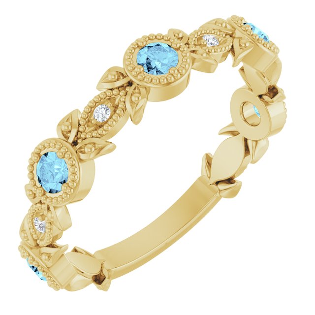 14K Yellow Natural Aquamarine & .03 CTW Natural Diamond Leaf Ring