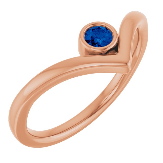 14K Rose Lab-Grown Blue Sapphire Bezel Set V Ring