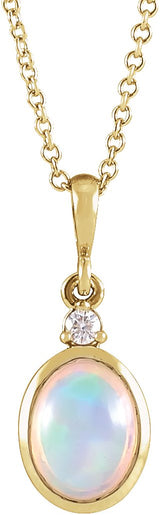 87438 / Necklace / Set / 14K Yellow Gold / Oval / Natural Ethiopian Opal / 6 X 4Mm :: 0.015 Ct / Natural Diamond / I1, GH / 16-18 In / Polished / Natural Ethiopian Opal And Natural Diamond Bezel-Set Cabochon Necklace
