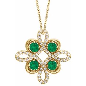 14K Yellow Natural Emerald & 1/6 CTW Natural Diamond Clover 18" Necklace